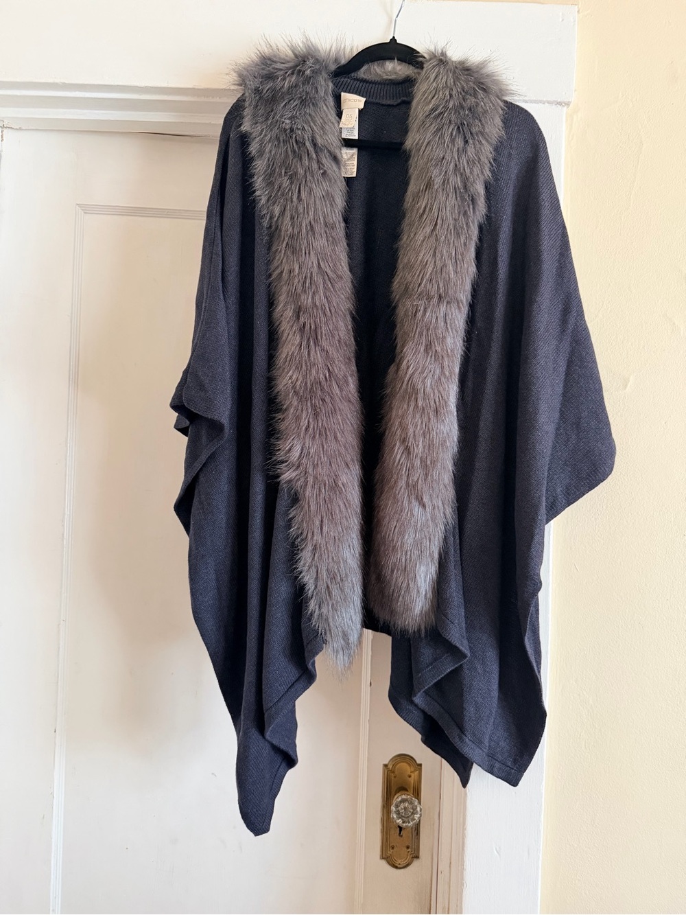 Chico's Charcoal Gray Open-Front Poncho with Faux-Fur Trim